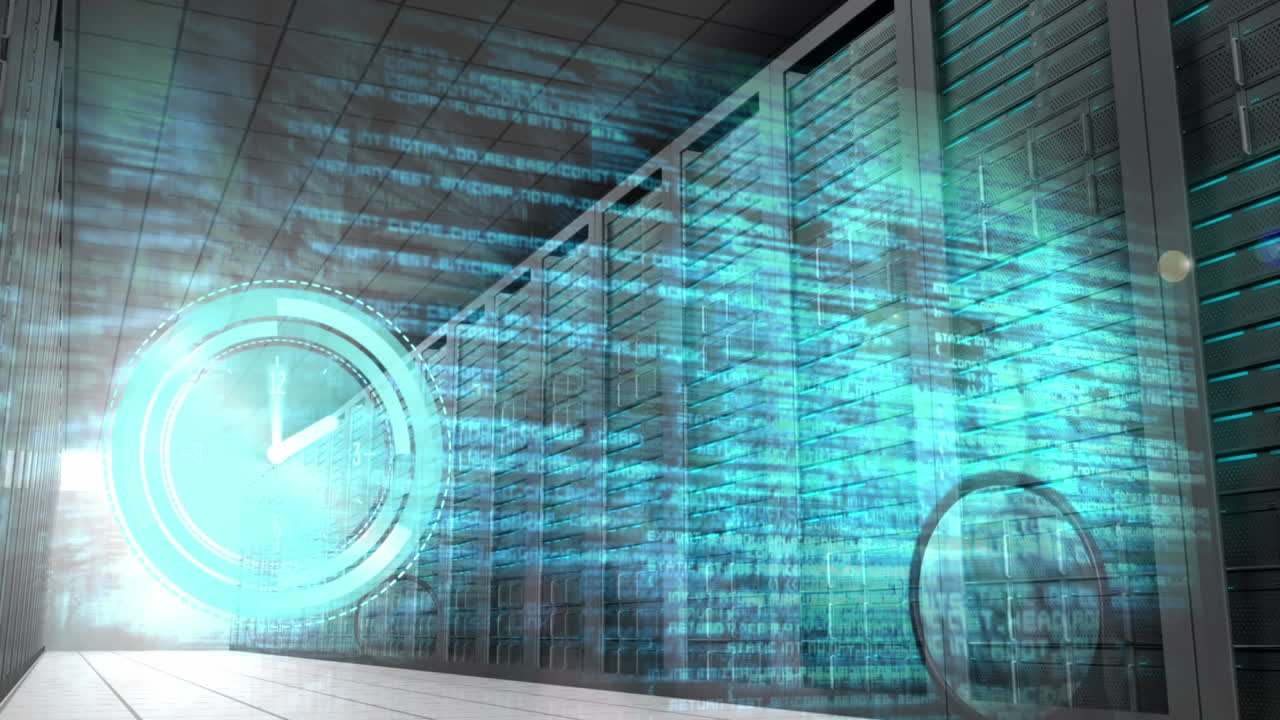 animación del procesamiento de datos y mano con lupa sobre la sala del servidor