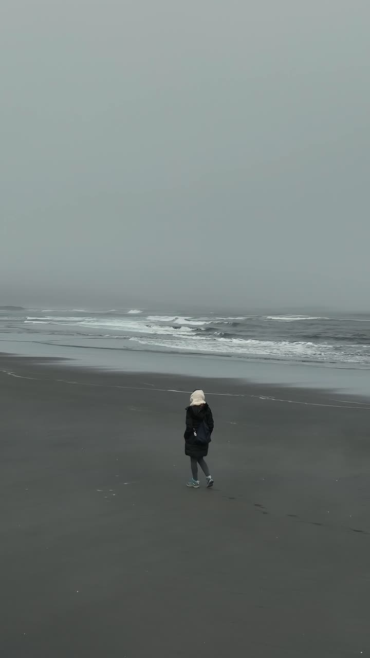 Donna solitaria che si allontana su una spiaggia di sabbia nera nebbiosa a Stokksnes, Islanda, in una giornata uggiosa