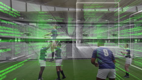 animation of data processing over rugby players at stadium