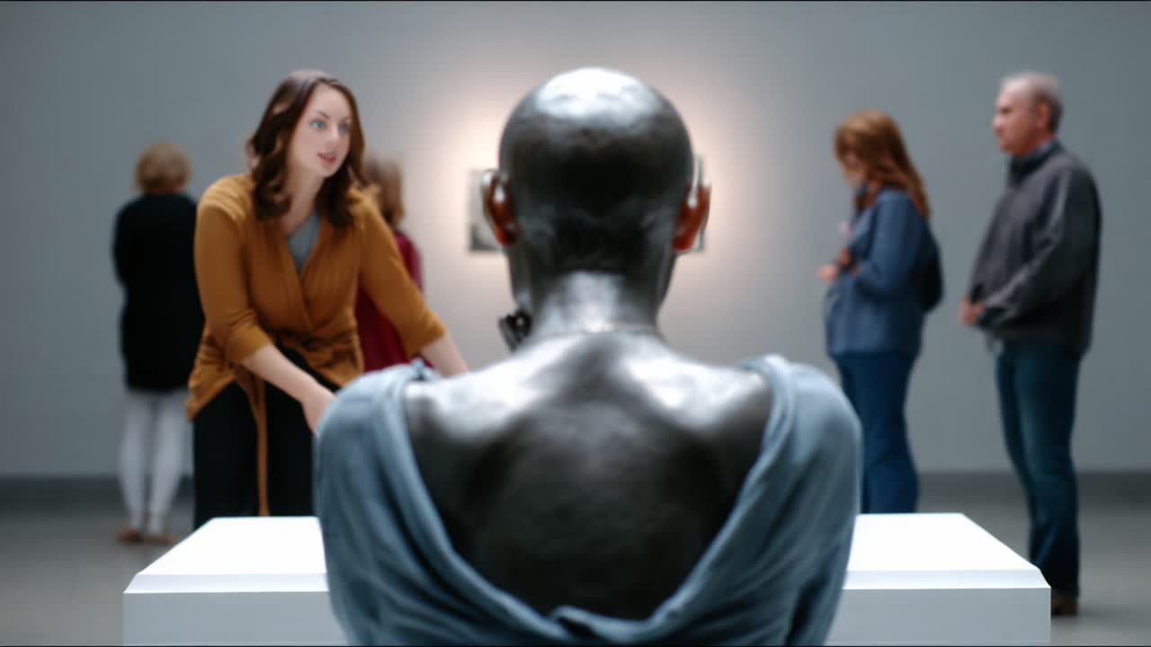 A Captivating Interaction: A View of a Contemporary Sculpture in an Art Gallery, Focusing on a Woman Engaging with the Artwork Among Other Visitors