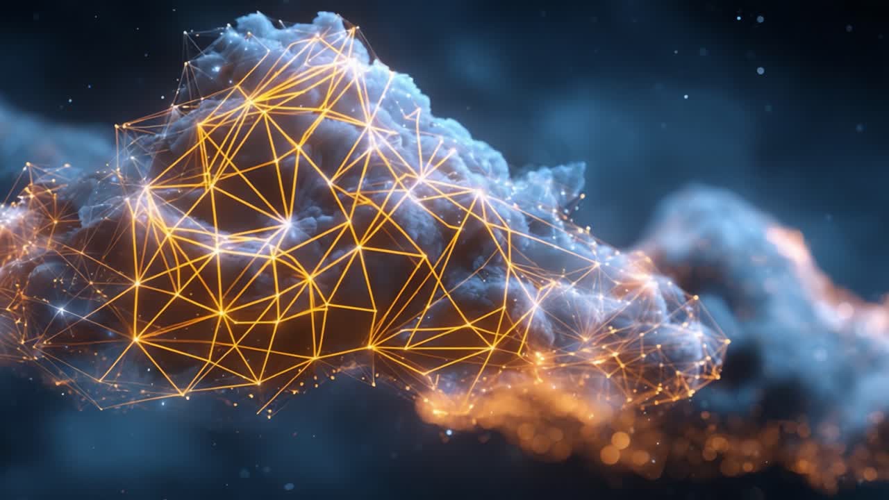 A Stunning Visual of Abstract Cloud Structures Enhanced with Intricate Network Patterns and Glowing Light Effects, Creating a Dreamlike Digital Aesthetic