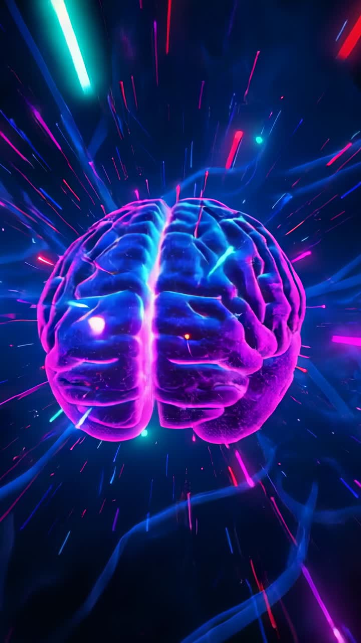 Vertical video: Spiking streaks driving 3D brain rotating toward viewer in dark void, showing seam