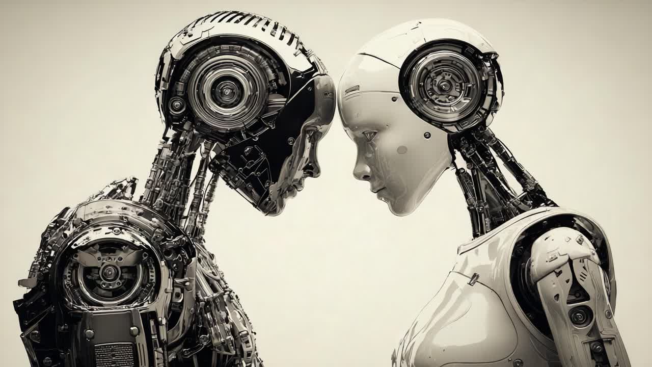 Un incontro profondo tra due robot umanoidi futuristici, che simboleggia emozione e connessione attraverso tecnologia e design innovativi, evocando temi di unità e comprensione.