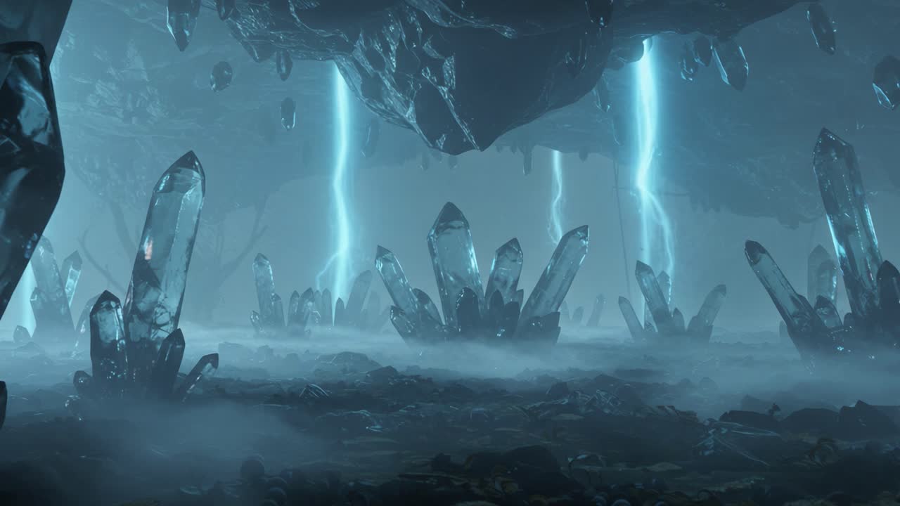 Mysterious Underground Cavern Illuminated by Glowing Crystals and Blue Light with an Ethereal Fog, Creating an Enigmatic and Otherworldly Atmosphere