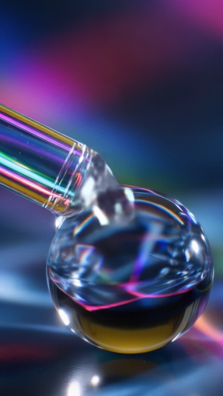 Um plano detalhe cativante de um conta-gotas de vidro com reflexos líquidos sobre um fundo colorido, exibindo padrões de luz e texturas deslumbrantes.