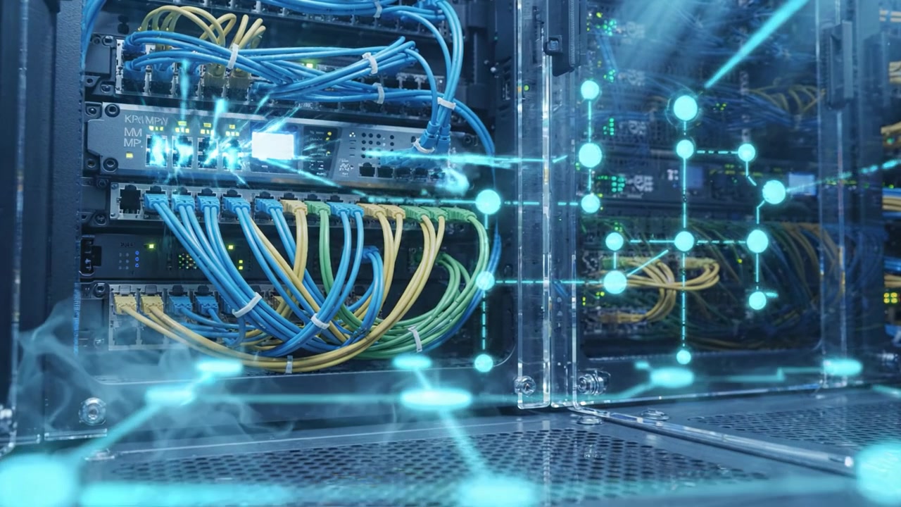 Modern Data Center with Network Connections and Cables Illuminated by Blue Light, Showcasing Advanced Technology and Infrastructure for Data Management