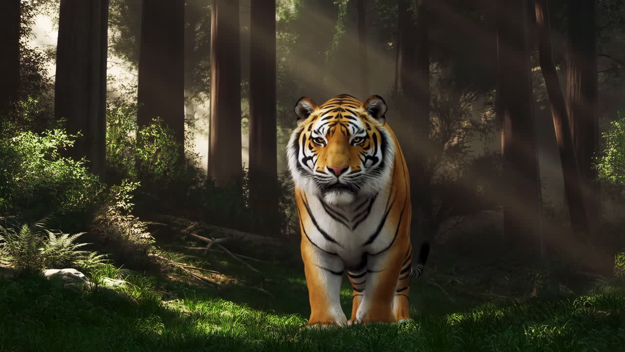 A majestic tiger standing in a sunlit forest