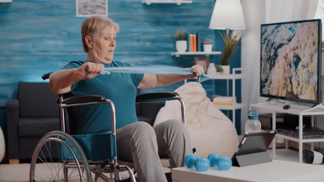 Elder person with disability stretching resistance band