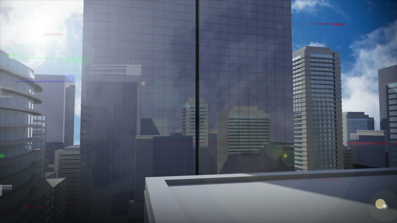 Animação de glitch e processamento de dados sobre paisagem urbana
