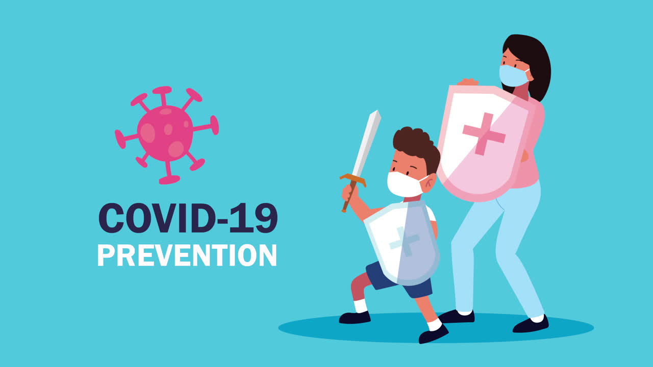 무기를 들고 있는 여자와 소년 코로나19 예방 애니메이션