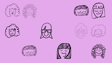 animación de múltiples cabezas de niñas sonrientes, sobre un fondo púrpura