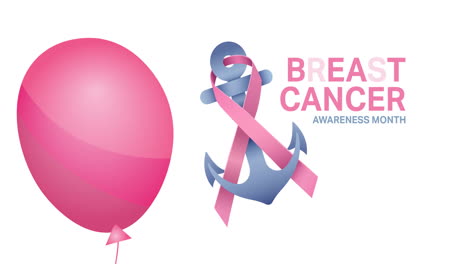 animation of flying pink balloon over pink ribbon anchor logo and breast cancer text