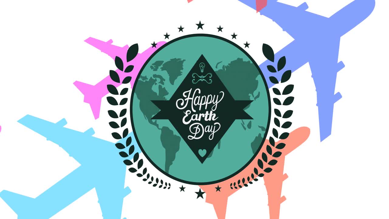 ⁇ 색 배경에 있는 다채로운 비행기 위에 행복한 지구의 날 텍스트와 지구 로고의 애니메이션