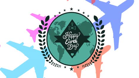 animation of happy earth day text and globe logo over colorful airplanes on white background