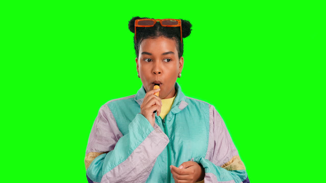 Woman Coughing or Exhaling on Green Screen