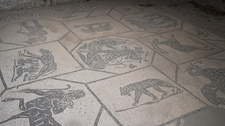 Black and white tessellated floor at Ostia Antica shows hunters and wild animals arranged in octagonal panels.