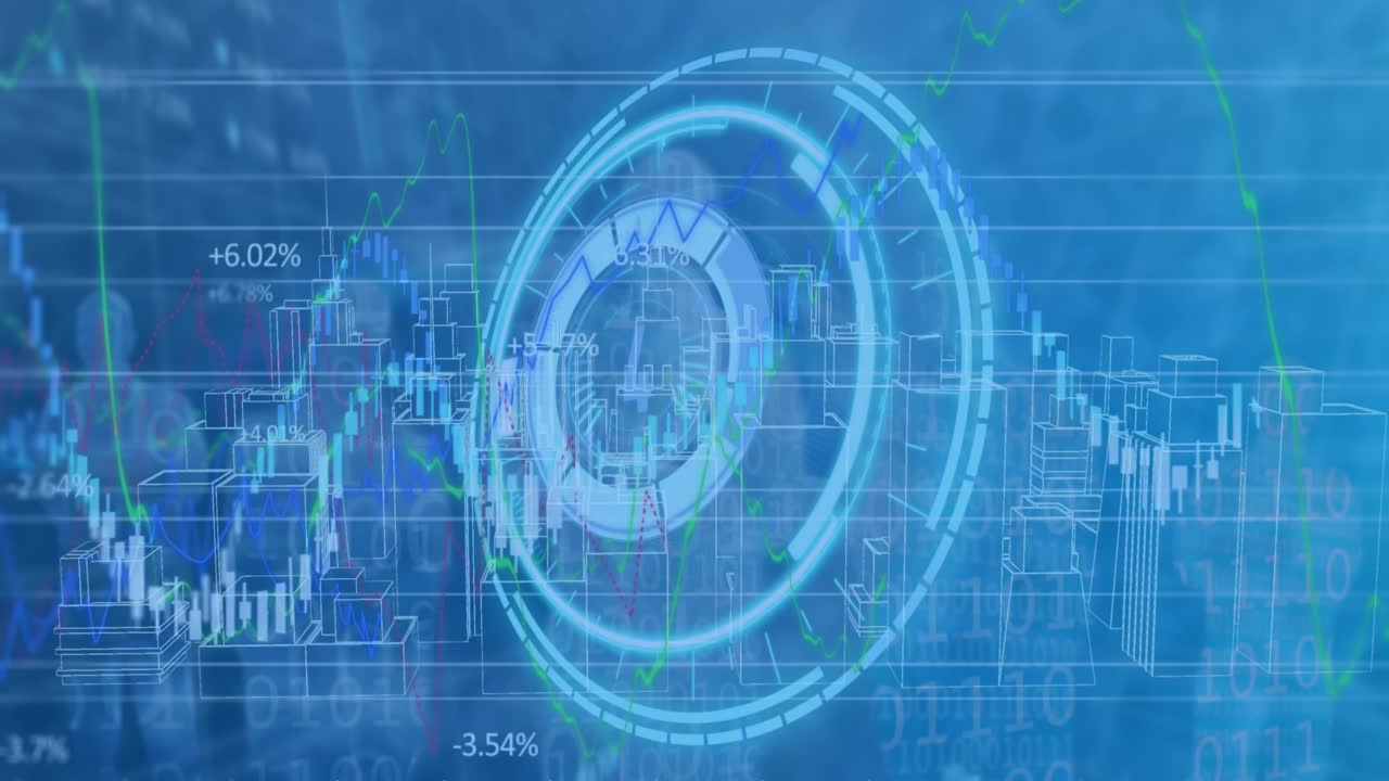 Animation of scope, financial data processing over 3d cityscape drawing