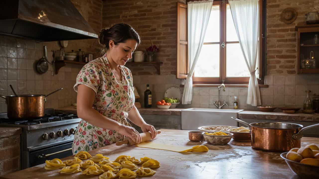 A Passionate Chef at Work: The Art of Making Fresh Pasta in a Rustic Kitchen with Traditional Tools and Ingredients