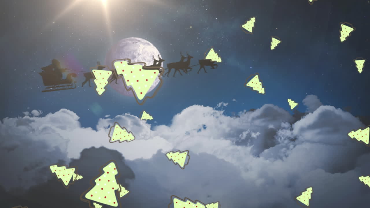 크리스마스 트리 아이콘이 산타클로스 위로 떨어지는  ⁇ 매가 밤하늘을 향해 사 ⁇ 에 의해 끌리고 있습니다.
