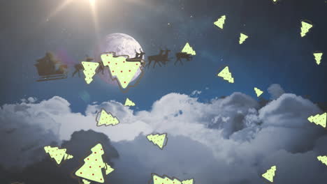 iconos de árboles de navidad cayendo sobre santa claus en trineo siendo tirado por renos contra el cielo nocturno