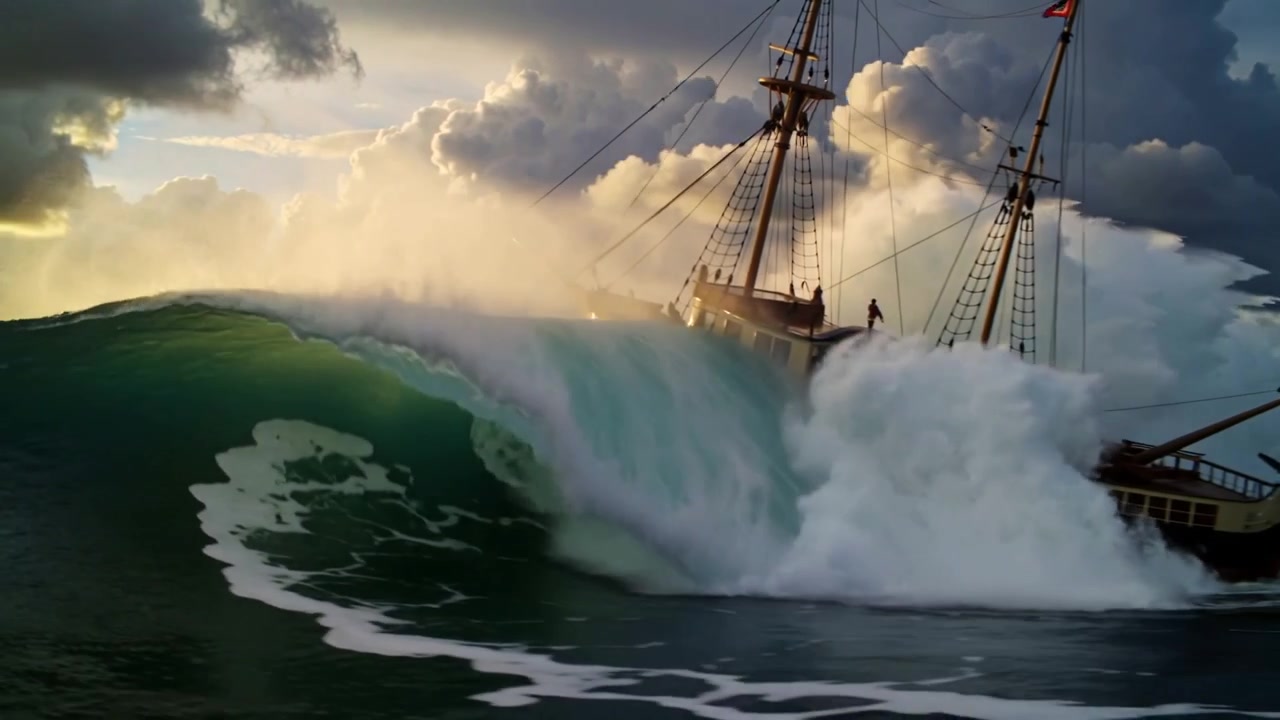 Sailing tall-masted ship moving right-to-left at sea, swell building and crew bracing, copy space