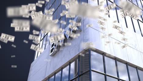 Animation-of-american-dollar-bills-falling-over-modern-office-building