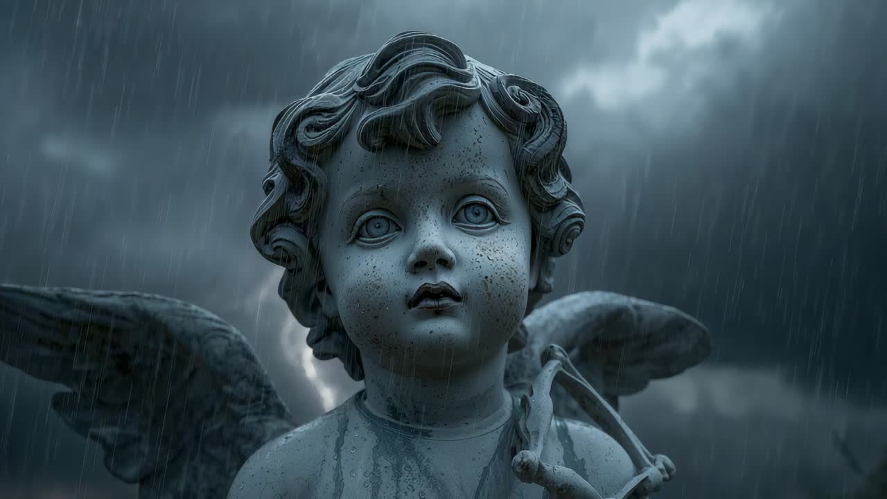 Tightening camera moving closer to stone cherub at park, showing wet stain, wings, robe, bow, flash