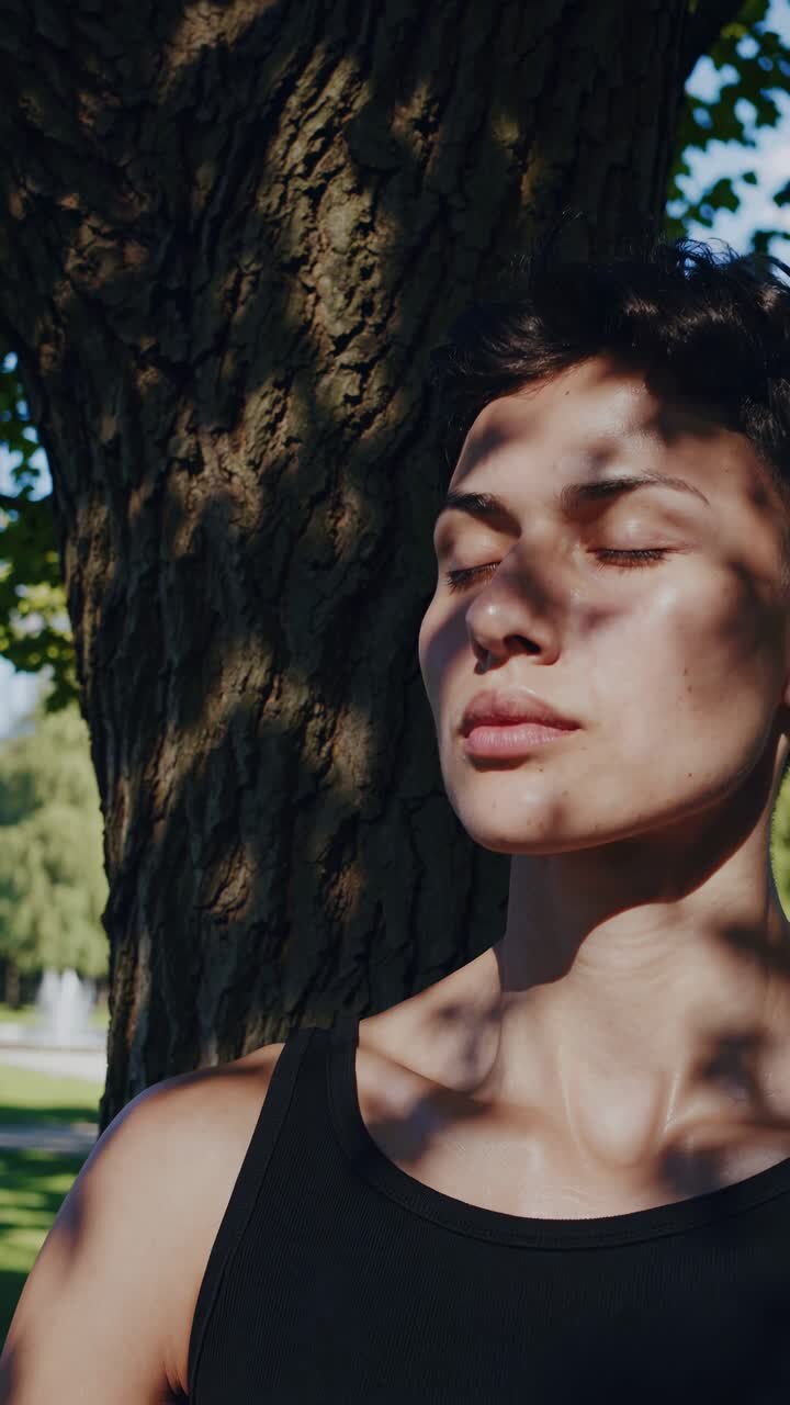 Close-up shot of a person with eyes closed, bathed in dappled sunlight under a tree