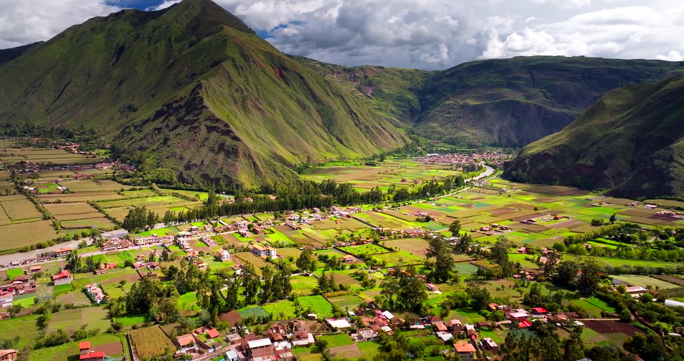 Fertile Valle Sacra con ampia vista aerea sulla città di Huayllabamba, Perù.