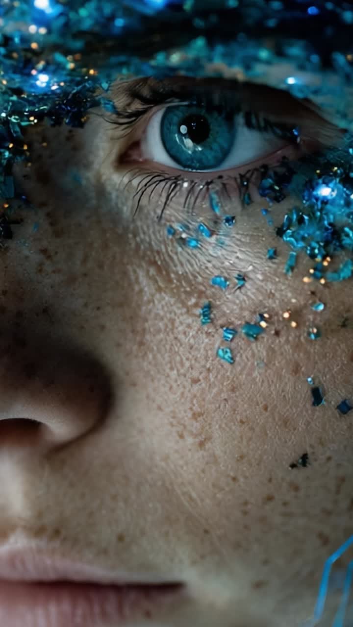A mesmerizing close-up of a human eye adorned with sparkling blue and silver particles, highlighting the intricate details of skin texture and color variations