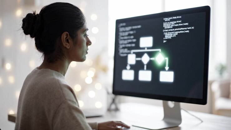 En fokuseret person arbejder med kompleks programmeringskode på en moderne computerskærm i et blødt oplyst miljø, der fremviser en scene af koncentration og kreativitet.