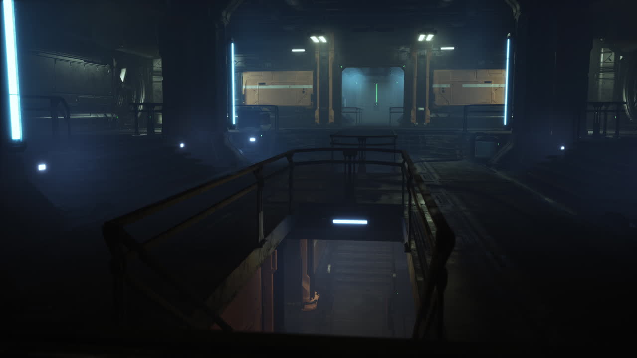 corredor futurista de la nave espacial con iluminación oscura y puertas metálicas