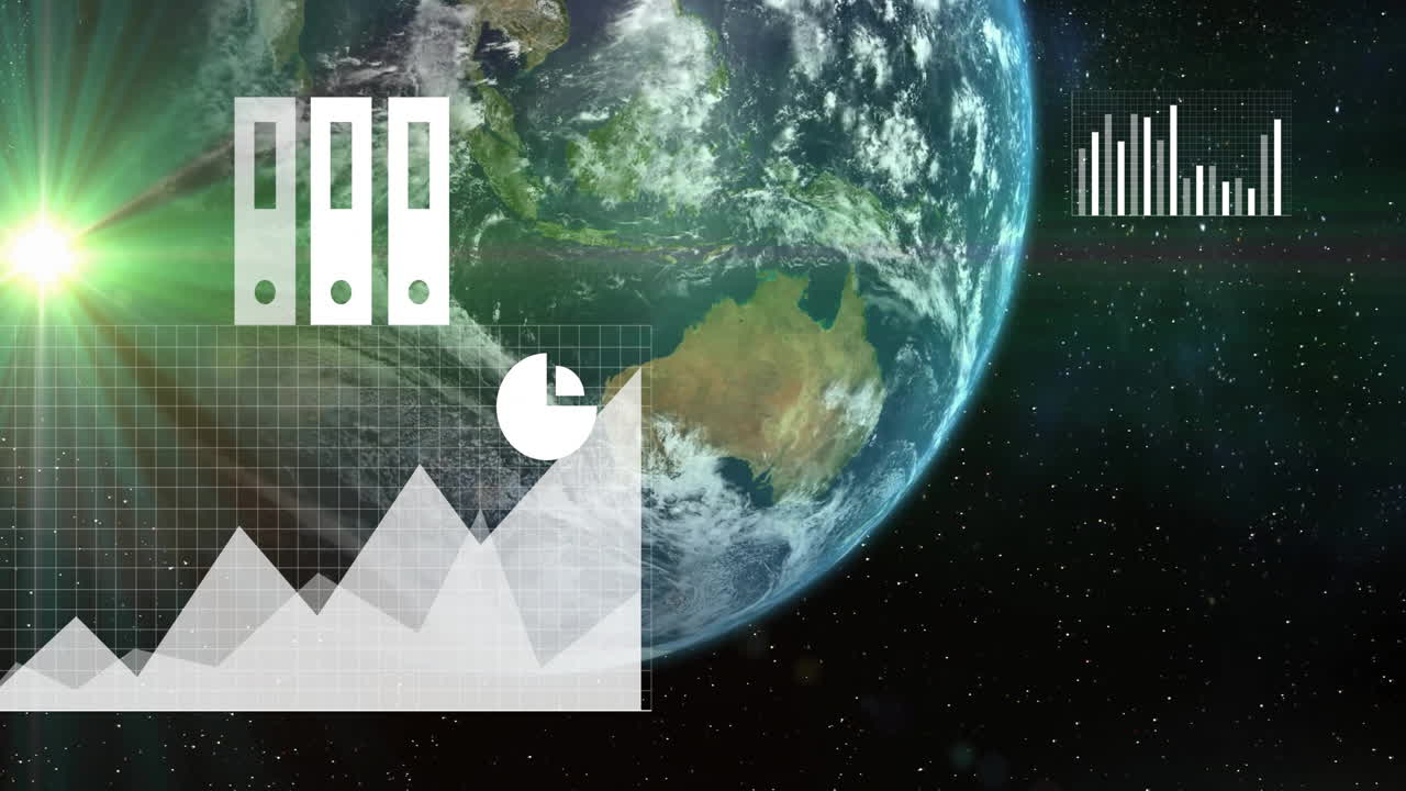 디지털 미디어 아이콘 및 차트 애니메이션은 검은 바탕에 전 세계 데이터를 처리합니다.