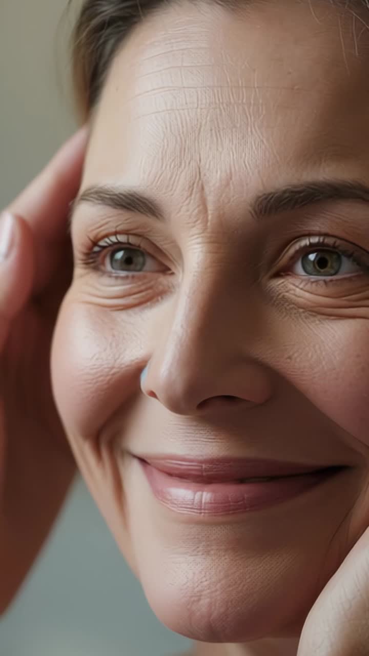 Vertical video: Reacting to hand entering, mature woman smiling broadly in studio, with hand touch