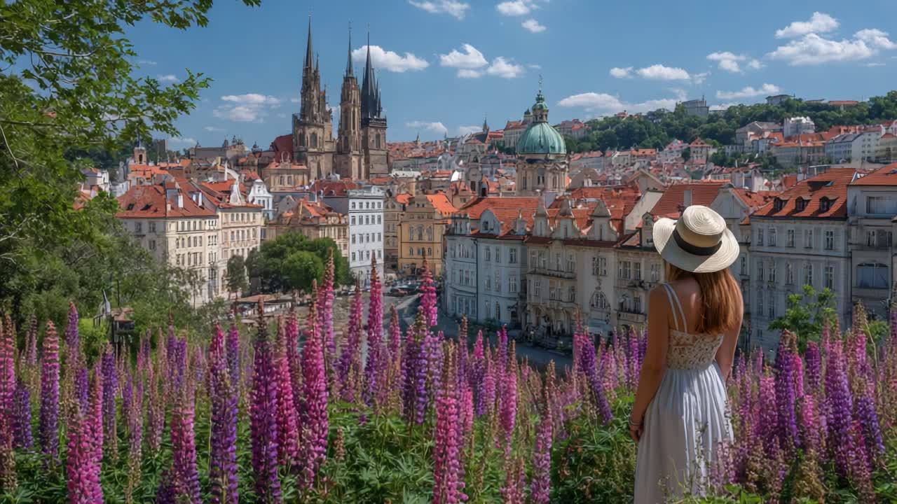 A Captivating View of Vibrant Flowers and Historic Architecture in a Scenic Cityscape, With a Woman Admiring the Stunning Landscape Under a Bright Blue Sky