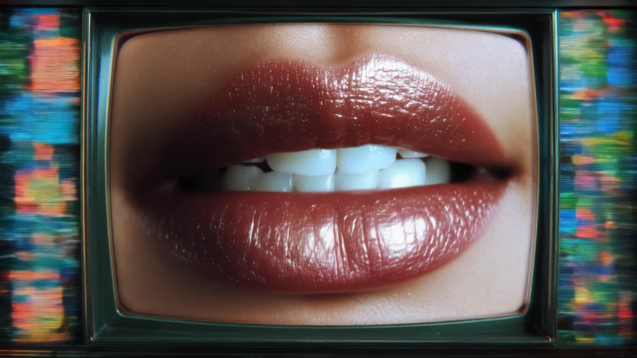 Primo Piano Accattivante di Labbra Lucide Incorniciate da uno Schermo Televisivo Vintage, Che Mostra un Colore Labbra Vibrante, una Texture Liscia e un Sorriso Espressivo in un'Estetica Moderna