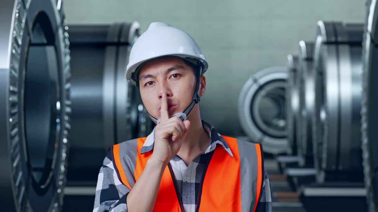 Close Up Of Asian Male Engineer With Safety Helmet Making Shh Gesture While Standing In Metal Factory