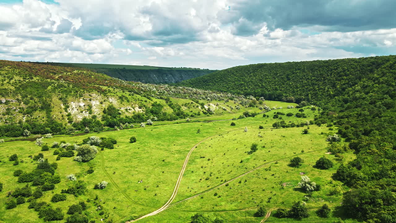 Aerial drone view of a valley in Moldova. River, a lot of greenery, cloudy sky