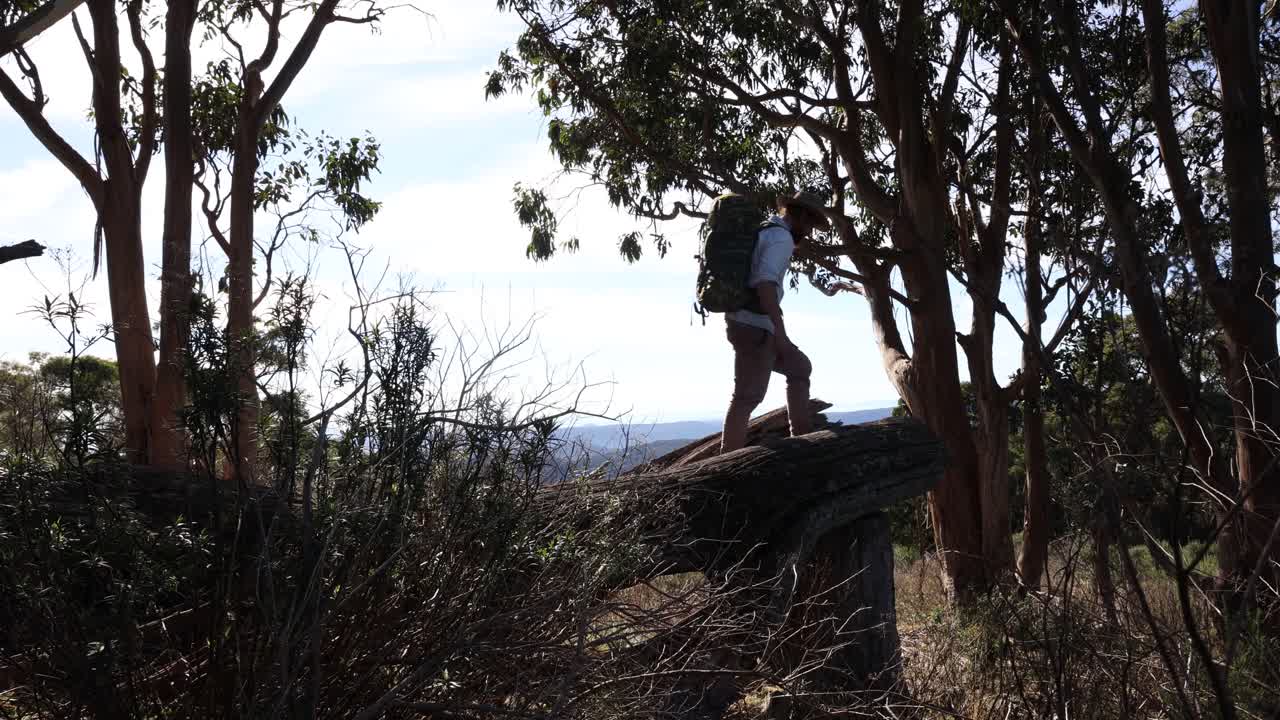 un hombre con un sombrero akubra y un paquete sube a una rama de árbol rota en el país alto de australia