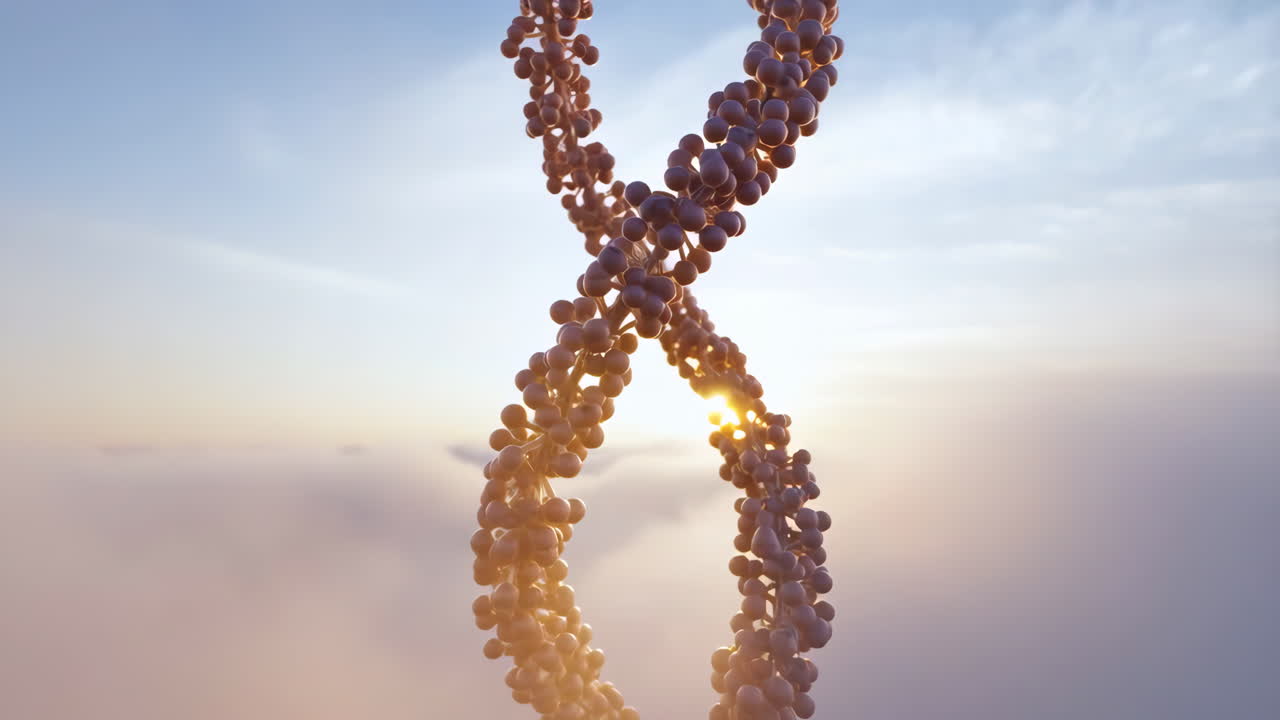 Abstract DNA double helix structure against a sky background