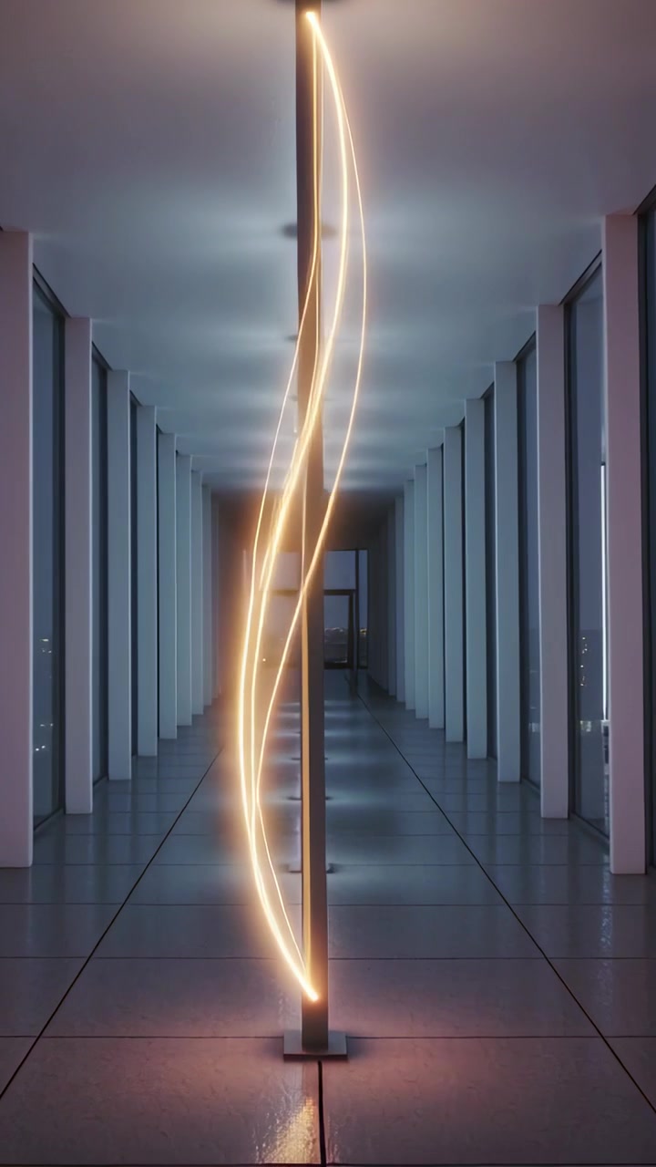 Video verticale: palo a LED luminoso che avvia un nastro colorato pulsante all'interno di un corridoio di vetro, pavimento lucido