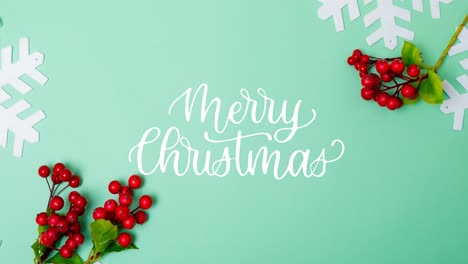 Animation-of-merry-christmas-text-and-decorations-on-green-background