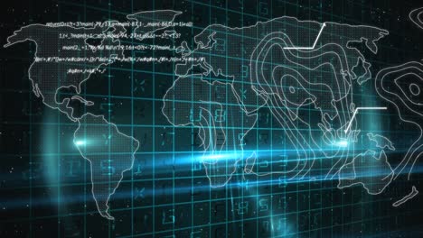 Procesamiento-De-Datos-Y-Topografía-Sobre-El-Mapa-Mundial-Contra-Un-Punto-De-Luz-Sobre-Fondo-Negro