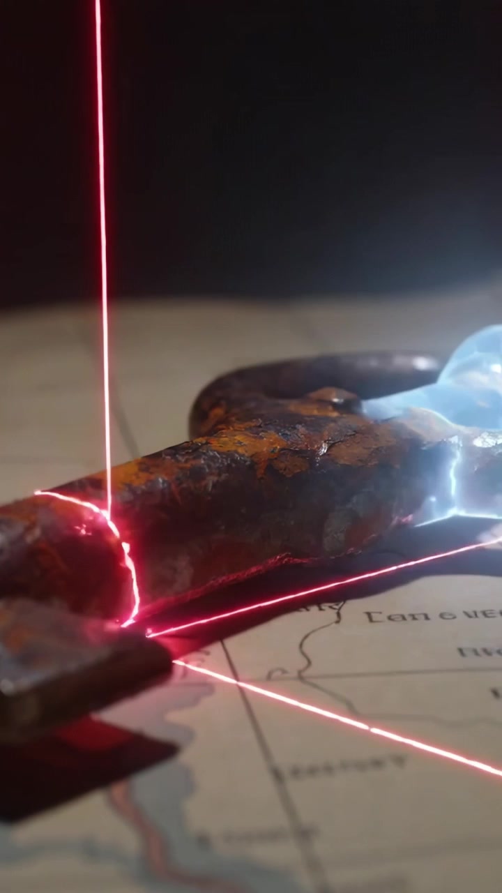 Vertical video: Getting red beams, rusted link sparking and tracing on tabletop map, grid scanning