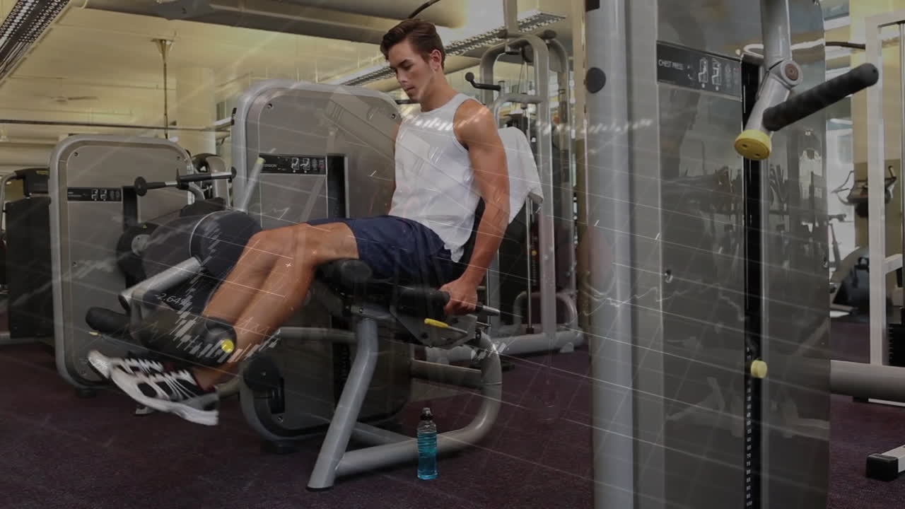 Man exercising on leg press machine with fitness data overlay animation