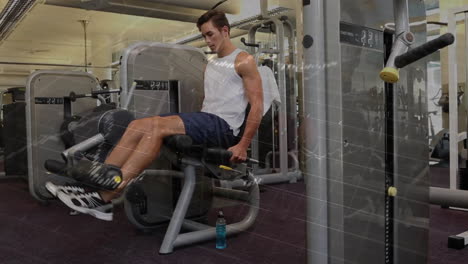 man exercising on leg press machine with fitness data overlay animation