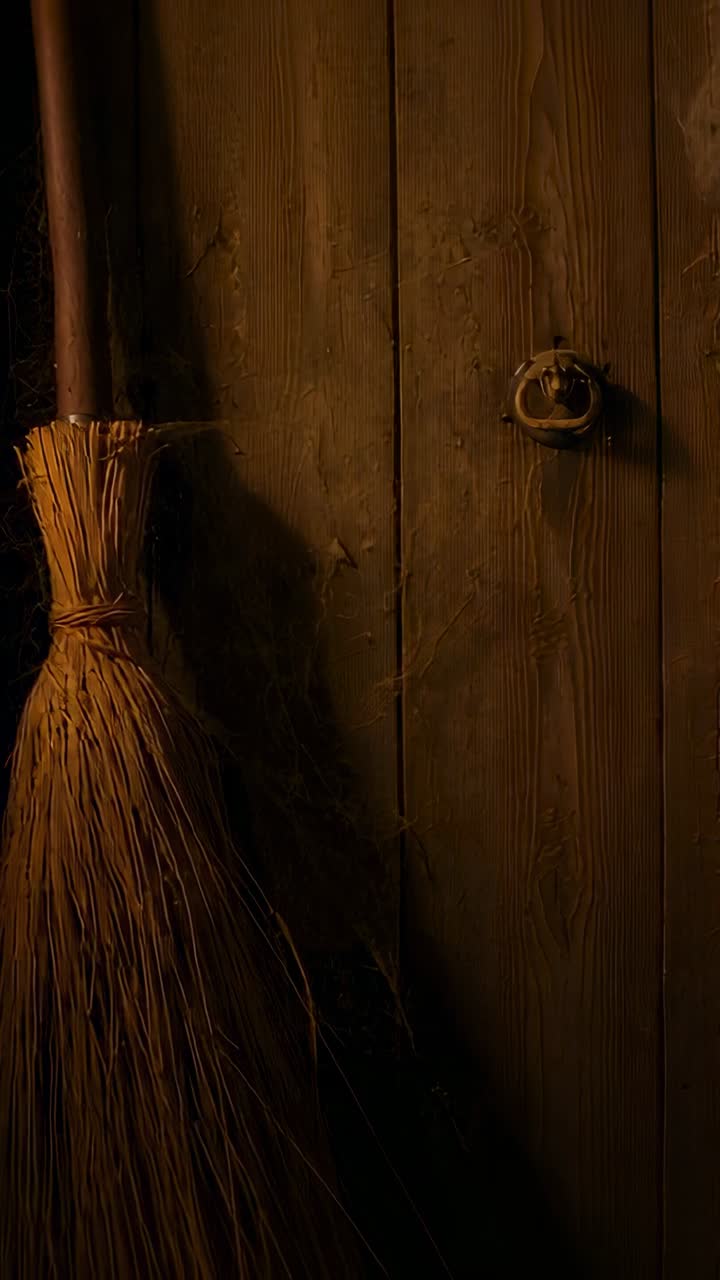 Vertical video: Starting camera holding static shot in shed, broom by knocker with webs, copy space