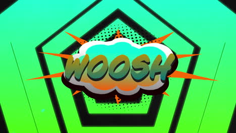 animation of woosh text over green shapes on black background