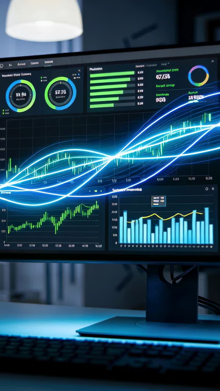 Vertical video: Receiving live feed, wide monitor showing analytics at desk with keyboard and lamp