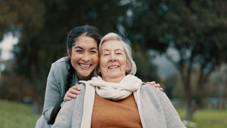 Senior-woman,-portrait-and-outdoor-with-caregiver